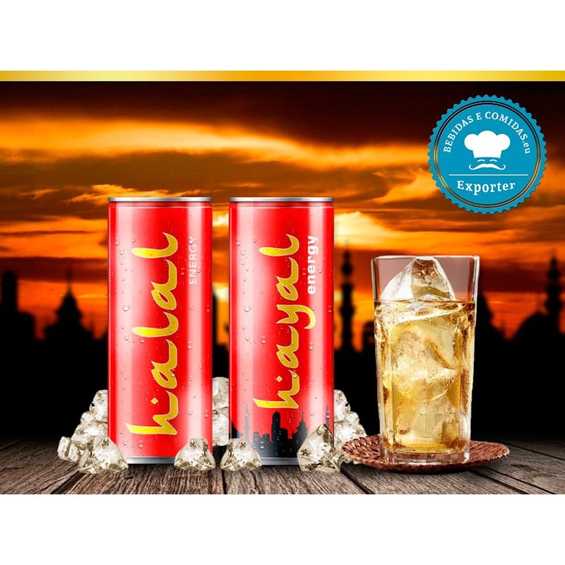 Two cans of Hayal Energy Drink and a glass with ice