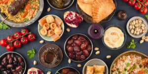 Halal food spread out on table.