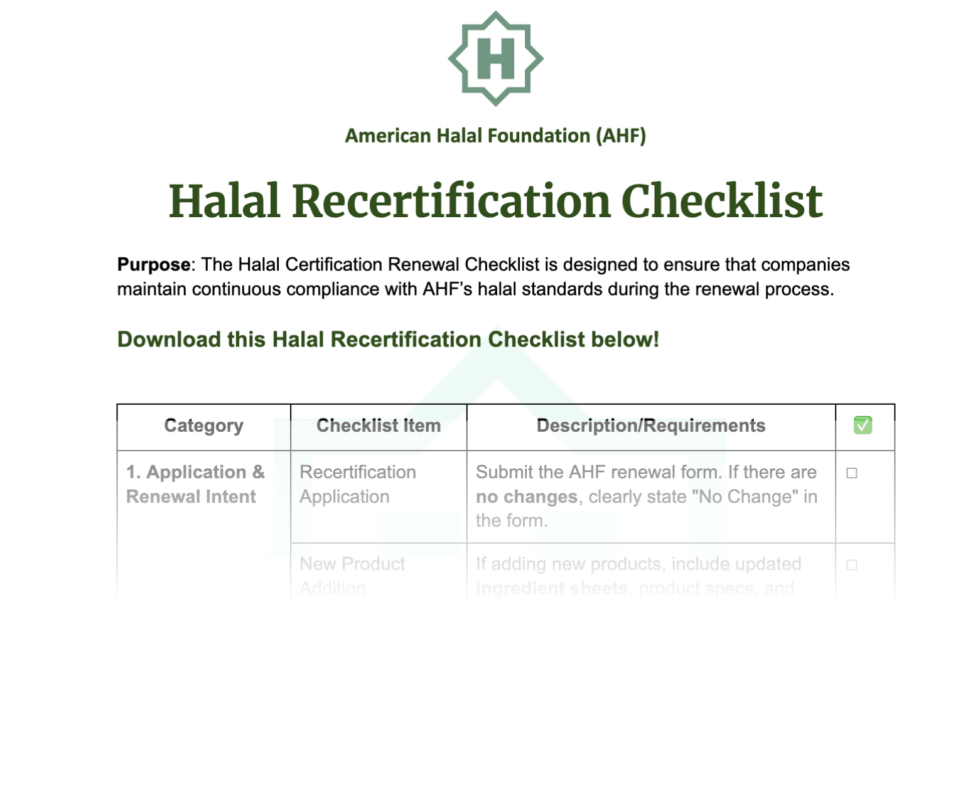 Halal Recertification Checklist - American Halal Foundation